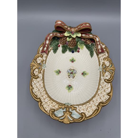 Fitz & Floyd Classics Christmas Serving Dish Holiday Bow Pinecone Platter 10” - Picture 1 of 7